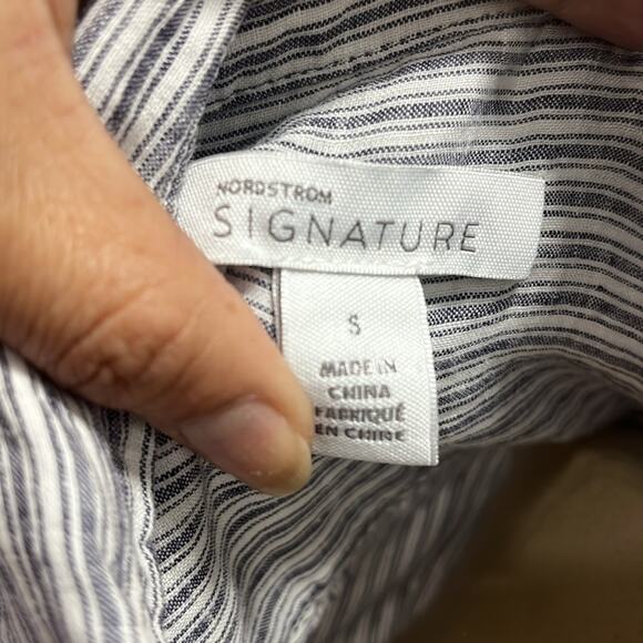 NORDSTROM Signature Linen Striped Blouson Long Blouse Sz S Gray White - Picture 9 of 10